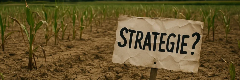Schild auf Holzstab mit "Strategie?", das auf einem Maisfeld steht.