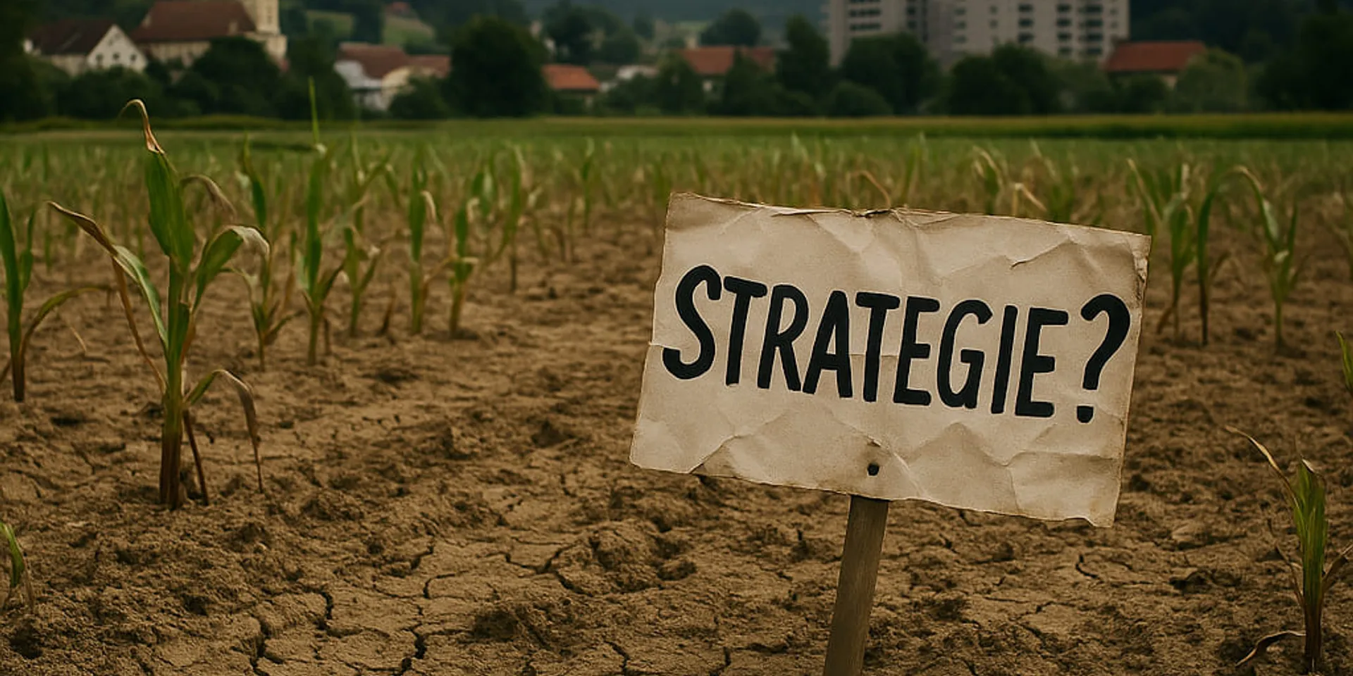 Schild auf Holzstab mit "Strategie?", das auf einem Maisfeld steht.