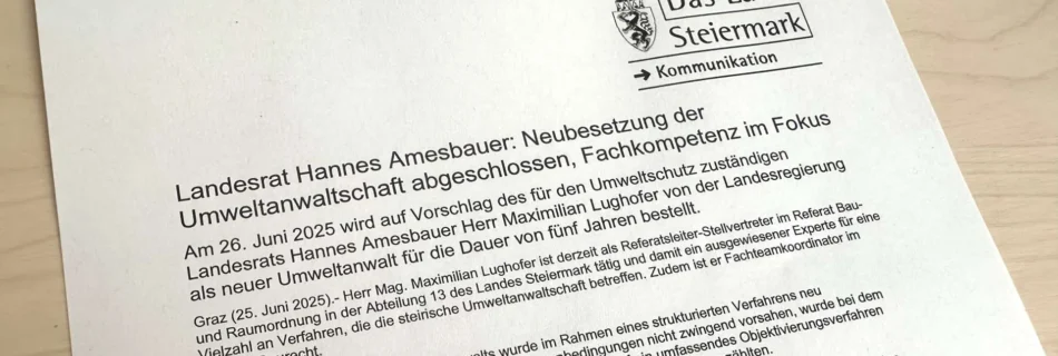 Presseaussendung des Landes zur Neubesetzung der Umweltanwaltschaft