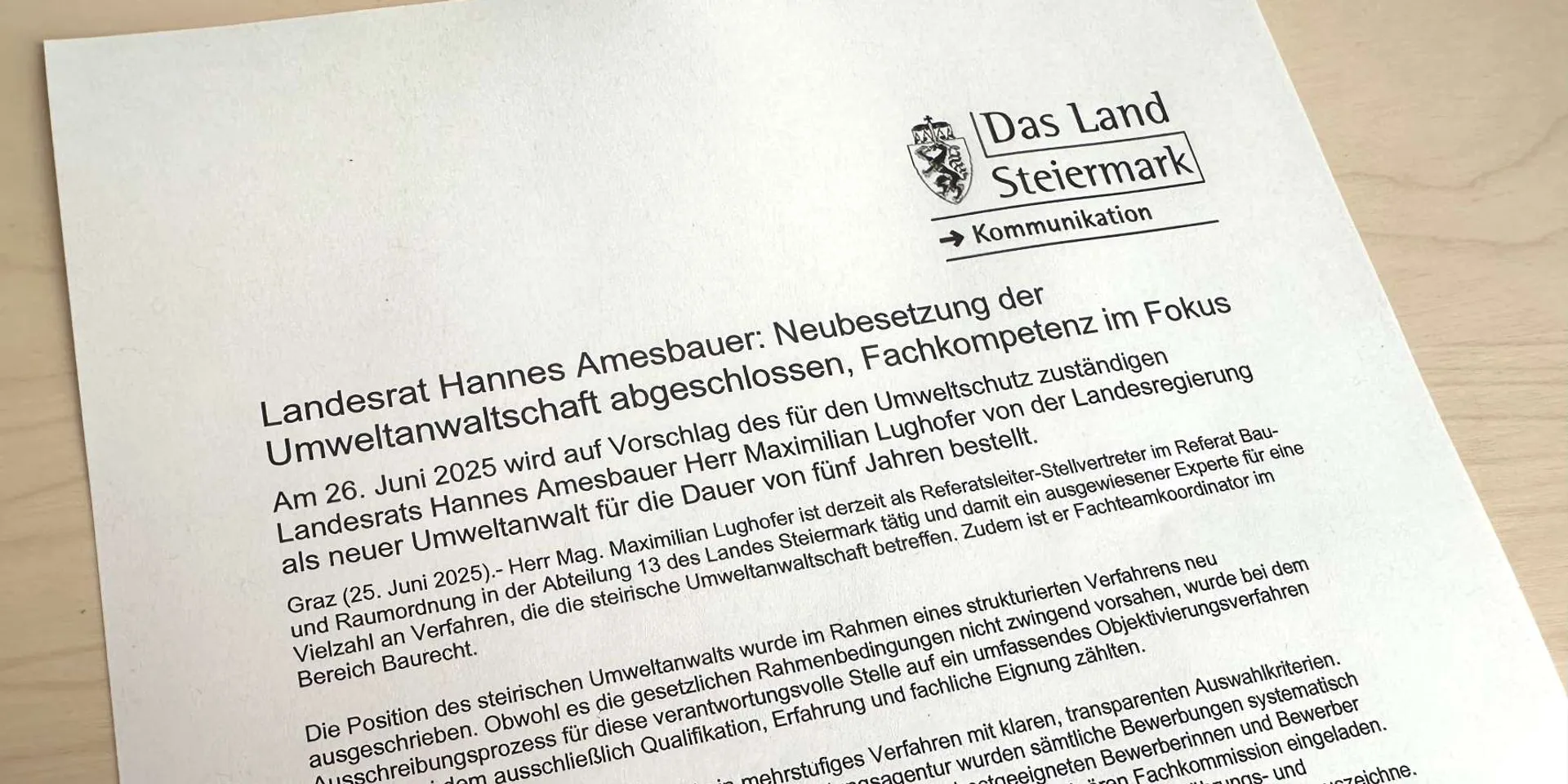 Presseaussendung des Landes zur Neubesetzung der Umweltanwaltschaft