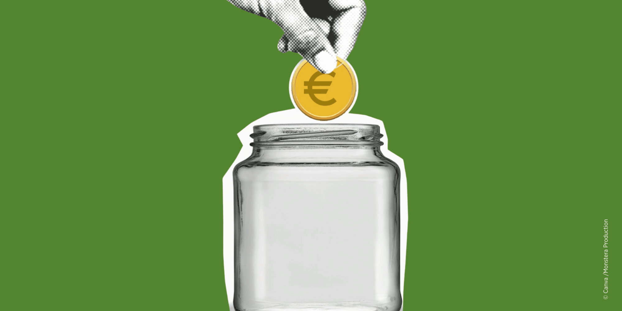 Ausgeschnittene Papier-Illustration einer Hand mit einer Münze über einem Glas.