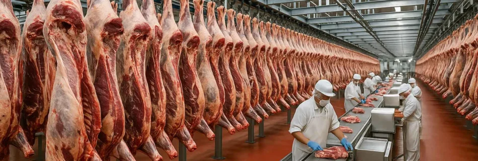 Arbeiter in einem modernen Schlachthof verarbeiten Rindfleischhälften an Förderbändern