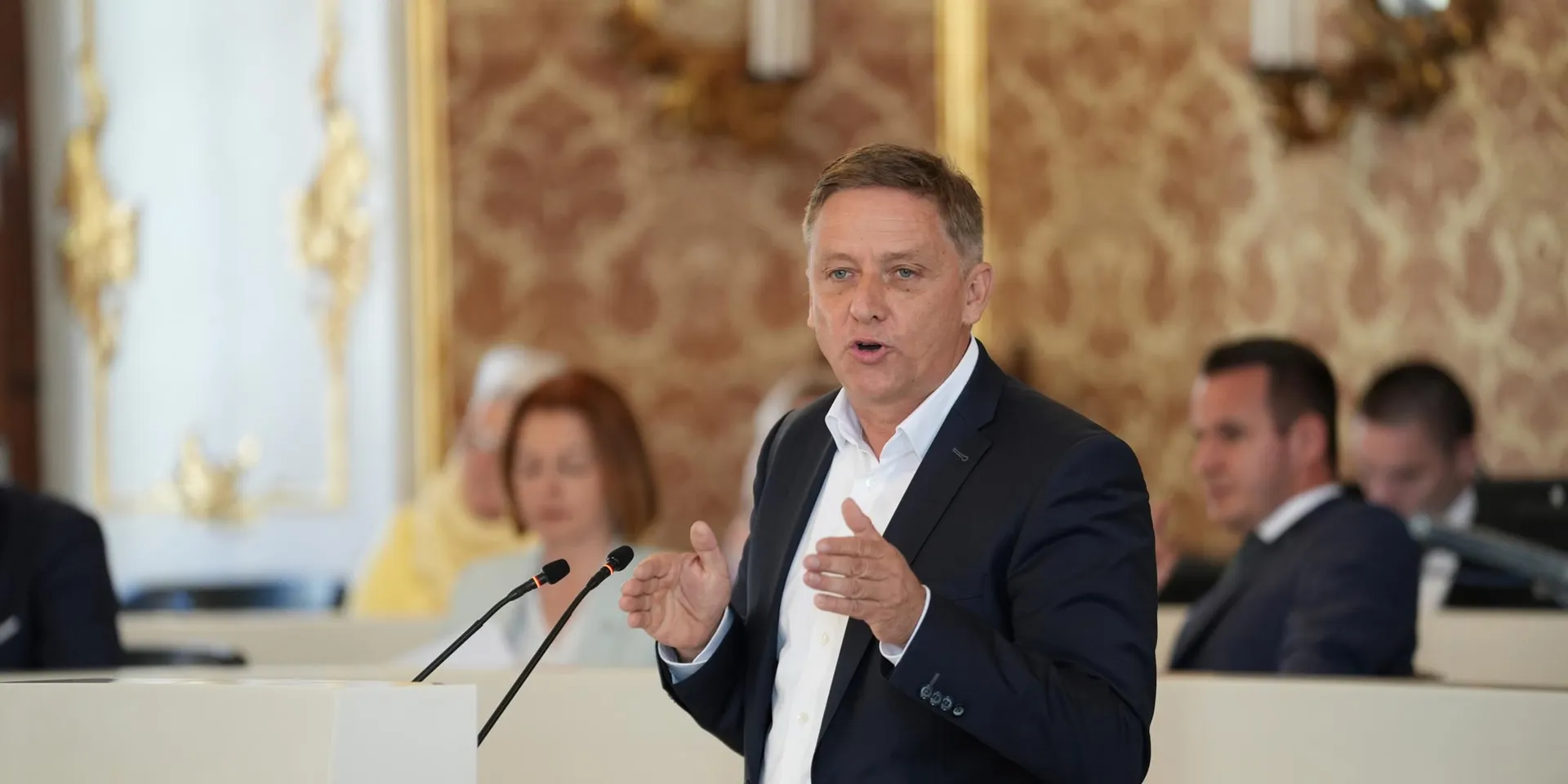 Lambert Schönleitner, Landtagsabgeordneter der Grünen im steirischen Landtag, steht am Rednerpult und gestikuliert während einer Rede.