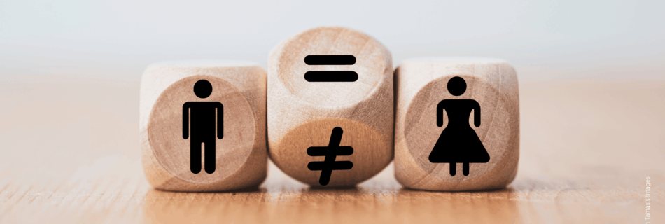 Symbolbild: Gleichheitszeichen zwischen Mann und Frau wird von ungleich zu gleich gedreht