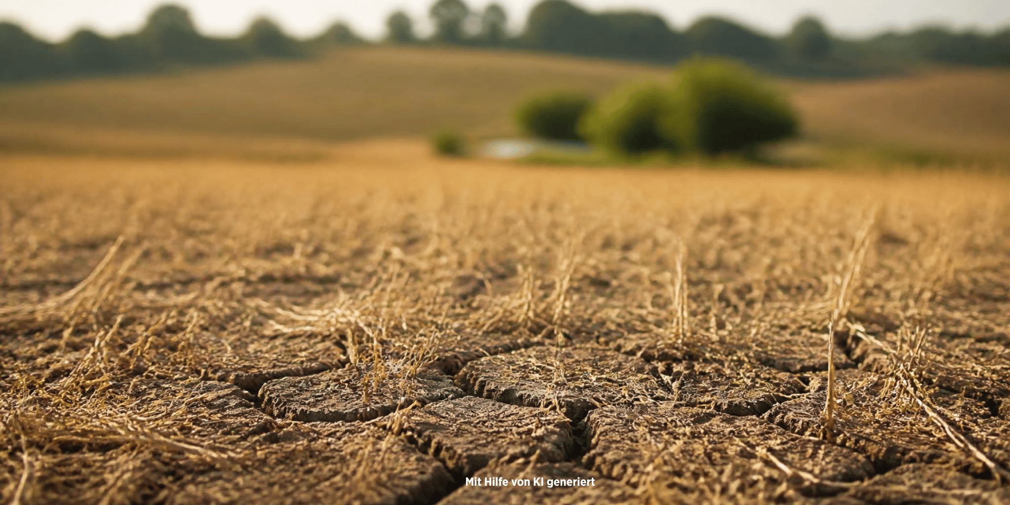 Trockener, rissiger Ackerboden vor einer sommerlichen Agrarlandschaft.